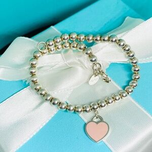 Tiffany Co. Silver 925 Blue Enamel Mini Heart Tag Charm 4mm Bead Ball Bracelet